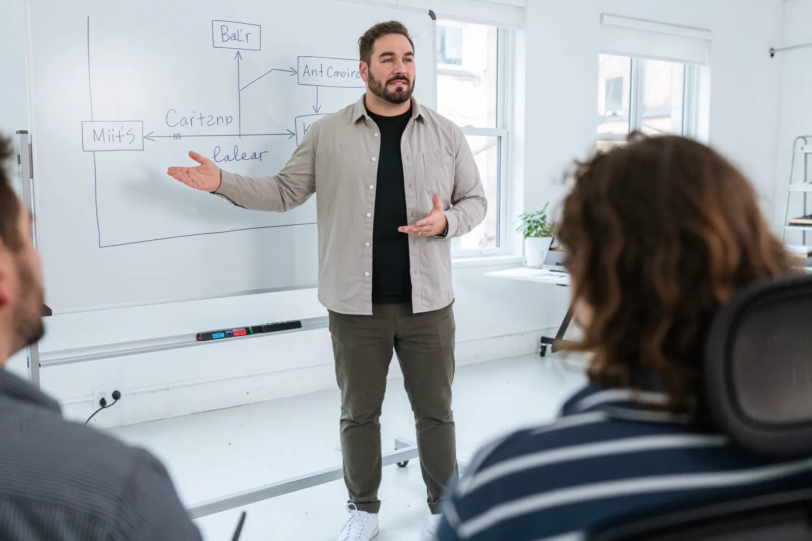 Ivo Schönberner erklärt zwei Gründern ein Systemdiagramm am Whiteboard in einem hellen Loft