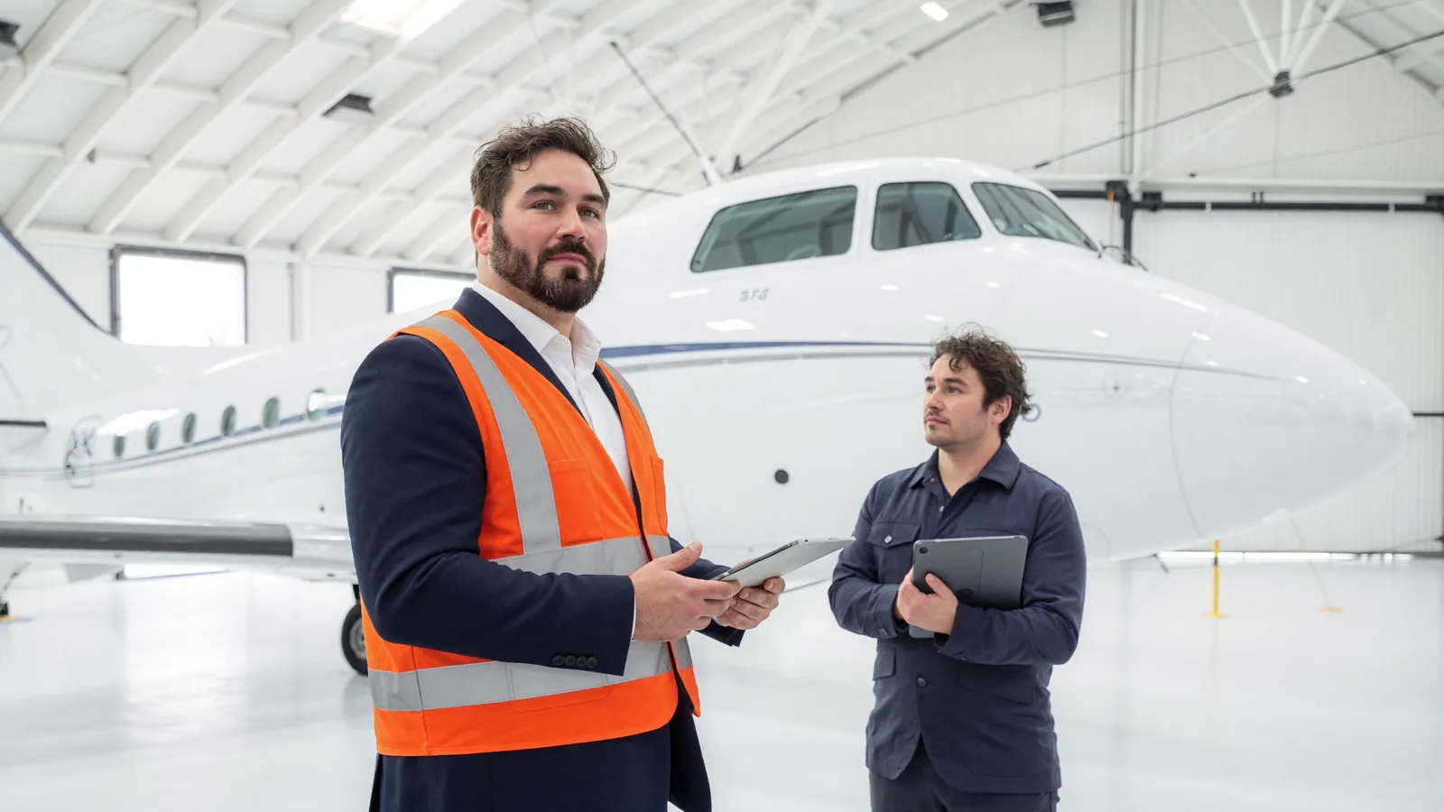 Ivo Schönberner in Warnweste im Gespräch mit einem Techniker vor einem Flugzeug im Hangar