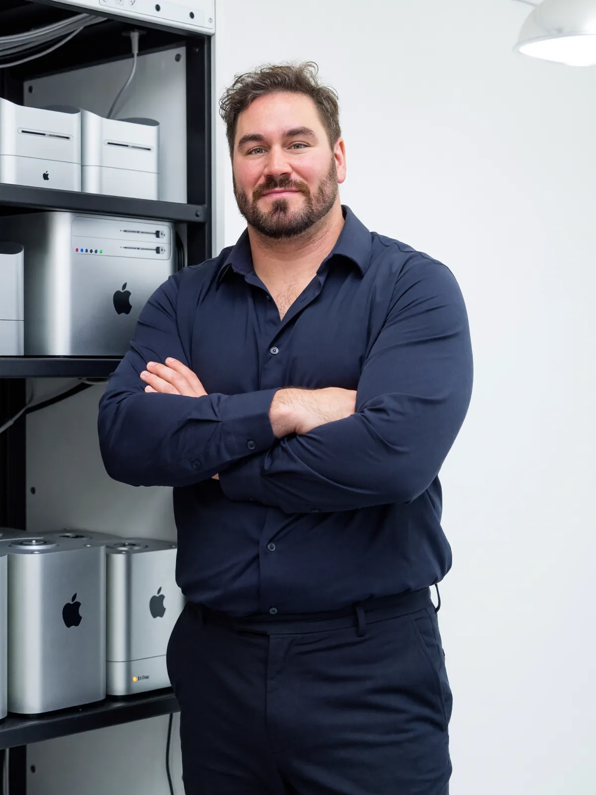 Ivo Schönberner neben einem Rack mit Mac-Studio-Rechnern in einem hellen Serverraum